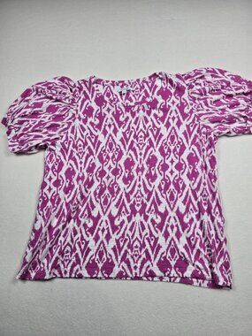 Chicos Womens Purple & White Ikat Print Puff Sleeve Top Size 3 XL